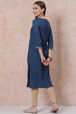 Teal Blue LIVA Straight Kurta image number 4